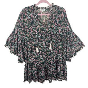 Umgee USA Floral Print Bell Sleeve Lightweight Lined Tasseled Mini Dress Size L